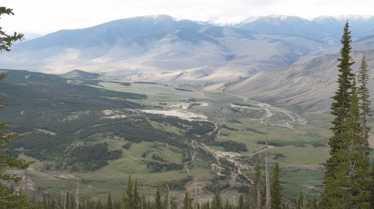 Bunsen Peak Trail - A breathtaking landscape of a valley nestled between towering mountains. The valley is dotted with green meadows, interspersed with patches of trees